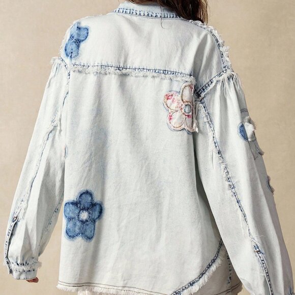 Blue Casual Women's Woven Patchwork Floral Long Sleeve Loose Wash Denim Shirt - Picture 2 of 8